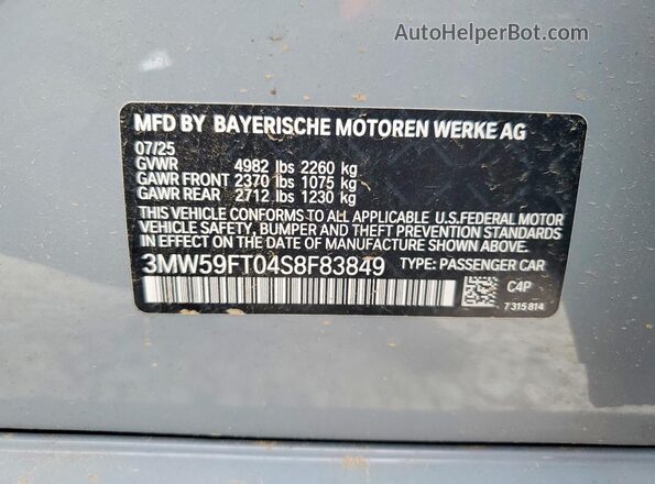 3MW59FT04S8F83849 2025 BMW M3 Gray VIN კოდის სტიკერის ხედი