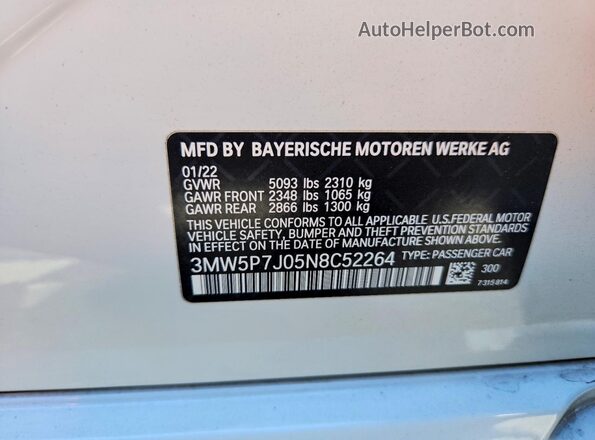 3MW5P7J05N8C52264 2022 BMW 3 SERIES White Widok naklejki z numerem VIN
