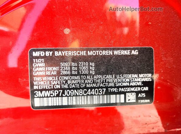 3MW5P7J09N8C44037 2022 BMW 3 SERIES Red VIN sticker view