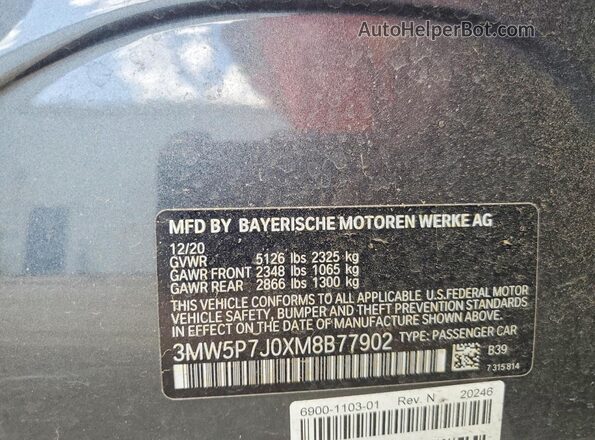 3MW5P7J0XM8B77902 2021 BMW 3 SERIES Charcoal Widok naklejki z numerem VIN