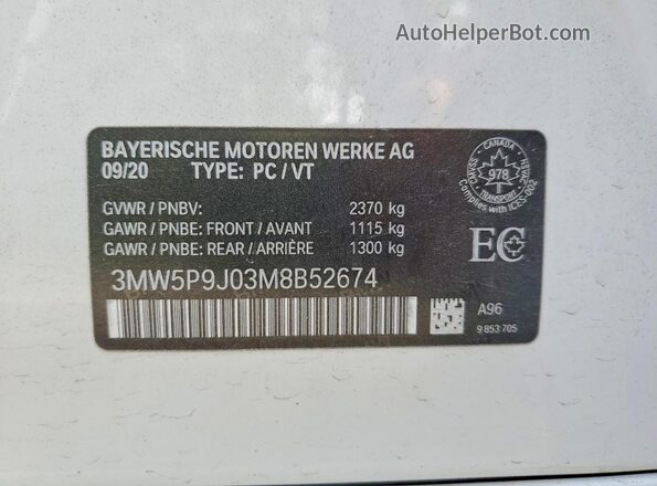 3MW5P9J03M8B52674 2021 BMW 3 SERIES White VIN კოდის სტიკერის ხედი
