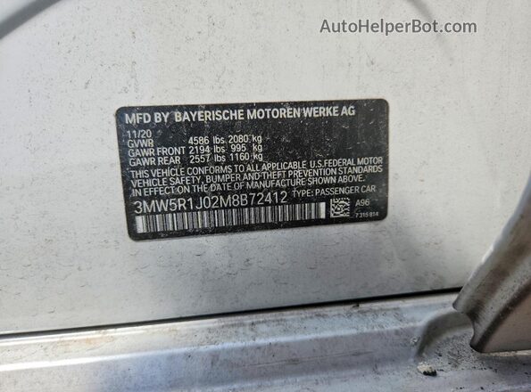 3MW5R1J02M8B72412 2021 BMW 3 SERIES White Engine compartment view