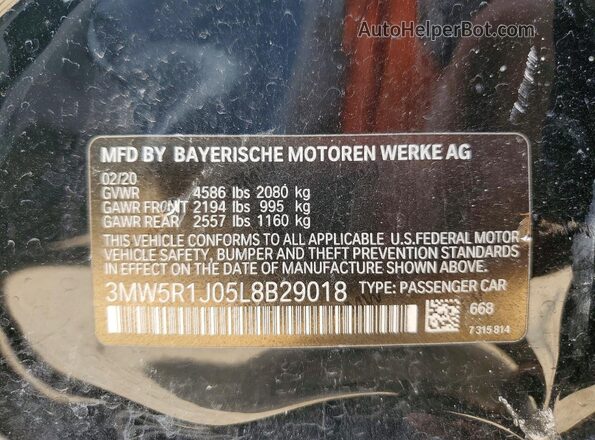 3MW5R1J05L8B29018 2020 BMW 3 SERIES Black ძრავის განყოფილების ხედი