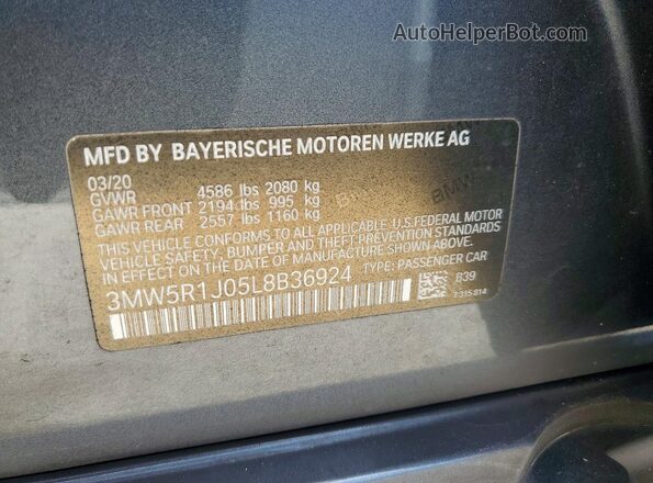 3MW5R1J05L8B36924 2020 BMW 3 SERIES Gray ძრავის განყოფილების ხედი