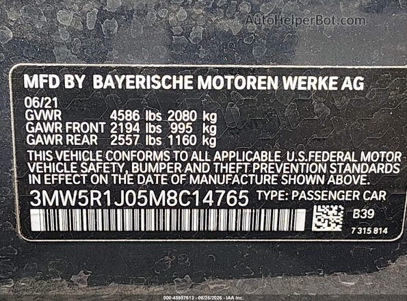 3MW5R1J05M8C14765 2021 BMW 3 SERIES Black Вид підкапотного простору
