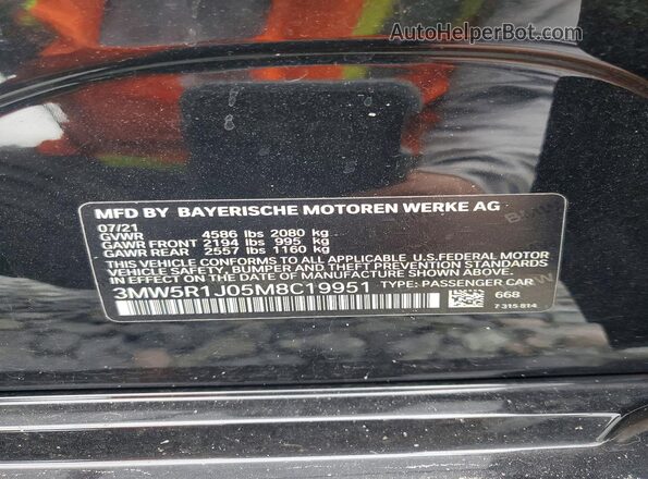 3MW5R1J05M8C19951 2021 BMW 3 SERIES Black VIN კოდის სტიკერის ხედი