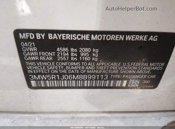 3MW5R1J06M8B99113 2021 BMW 3 SERIES White Вид підкапотного простору