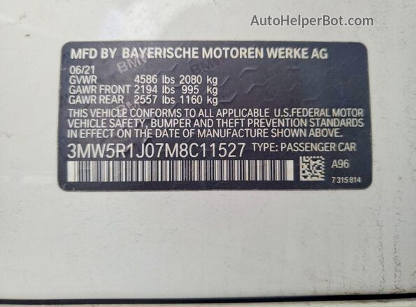 3MW5R1J07M8C11527 2021 BMW 3 SERIES White ძრავის განყოფილების ხედი