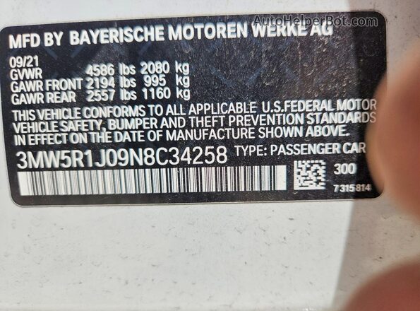 3MW5R1J09N8C34258 2022 BMW 3 SERIES White Widok komory silnika