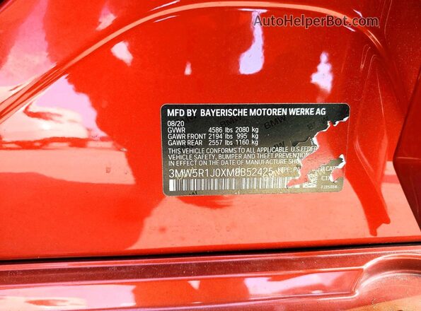 3MW5R1J0XM8B52425 2021 BMW 3 SERIES Orange ძრავის განყოფილების ხედი
