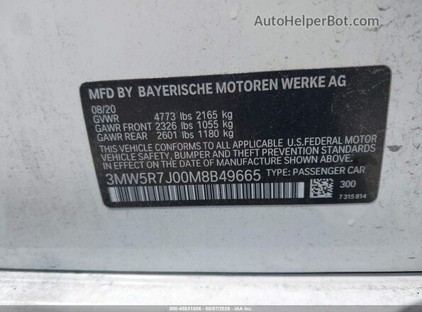 3MW5R7J00M8B49665 2021 BMW 3 SERIES White ძრავის განყოფილების ხედი