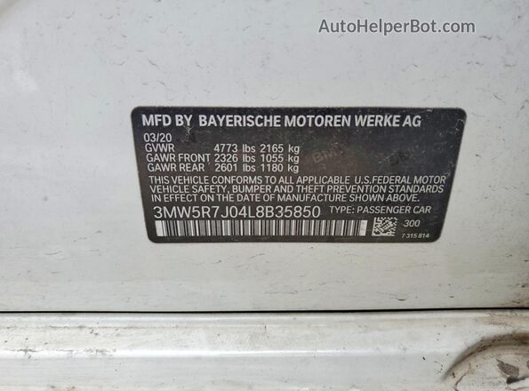3MW5R7J04L8B35850 2020 BMW 3 SERIES White Vista de la etiqueta del VIN