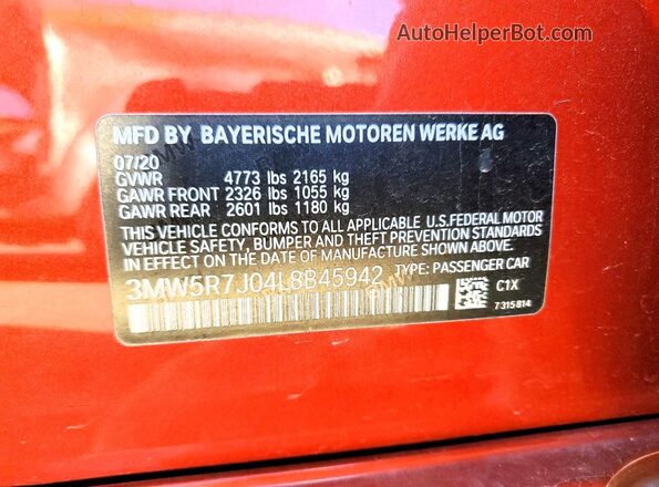 3MW5R7J04L8B45942 2020 BMW 3 SERIES Красный Вид подкапотного пространства