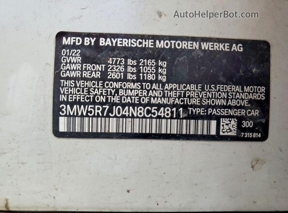 3MW5R7J04N8C54811 2022 BMW 3 SERIES White Շարժիչի բաժամունքի տեսք