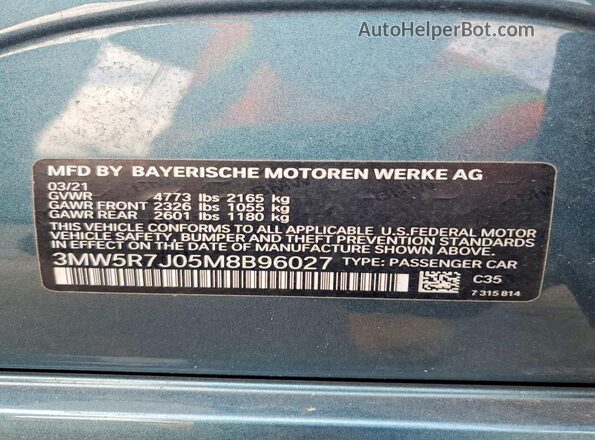 3MW5R7J05M8B96027 2021 BMW 3 SERIES Teal Շարժիչի բաժամունքի տեսք