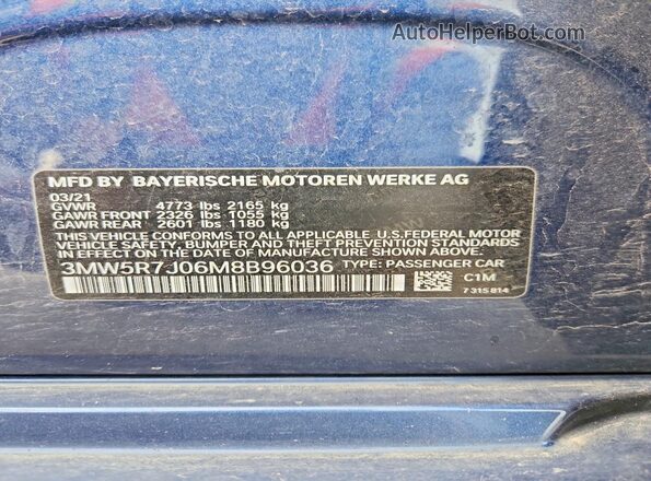 3MW5R7J06M8B96036 2021 BMW 3 SERIES Blue Շարժիչի բաժամունքի տեսք