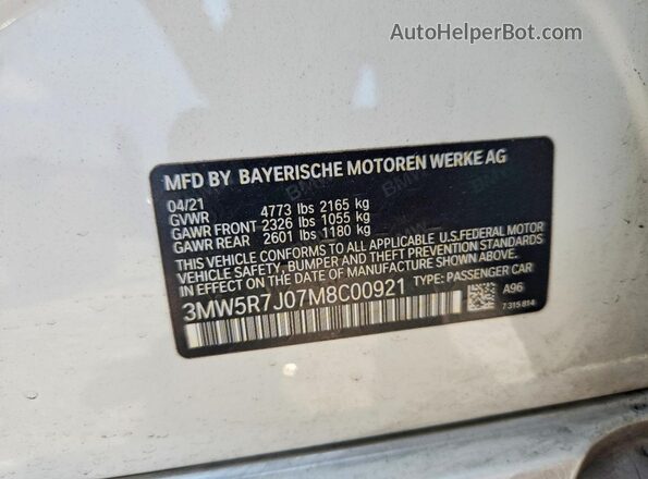 3MW5R7J07M8C00921 2021 BMW 3 SERIES White VIN կոդի պիտակի տեսք