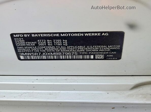 3MW5R7J0XM8B79675 2021 BMW 3 SERIES White Вид підкапотного простору