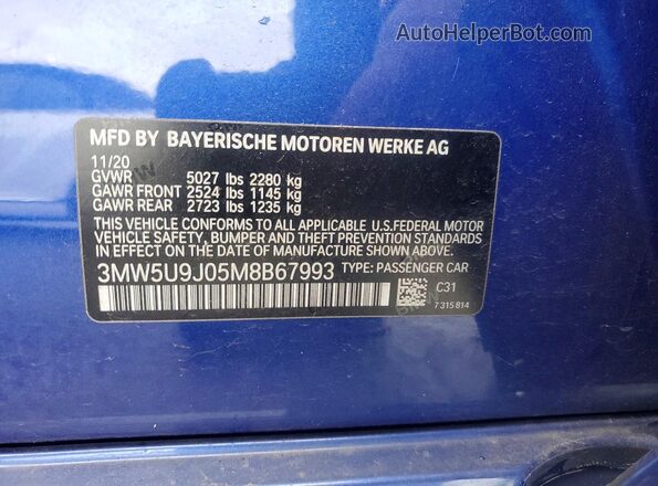 3MW5U9J05M8B67993 2021 BMW M3 Blue Вид наклейки з VIN-кодом