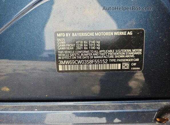 3MW69CW03S8F55152 2025 BMW 3 SERIES Blue Widok naklejki z numerem VIN
