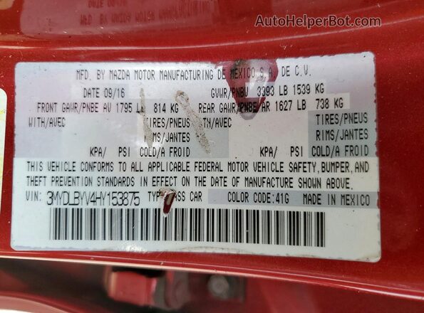 3MYDLBYV4HY153875 2017 TOYOTA YARIS Red VIN კოდის სტიკერის ხედი