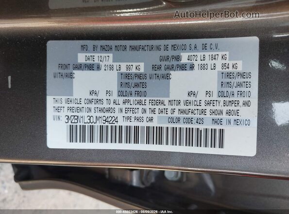 3MZBN1L30JM194224 2018 MAZDA 3 Gray Շարժիչի բաժամունքի տեսք