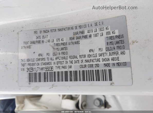 3MZBN1U71HM156836 2017 MAZDA 3 White Շարժիչի բաժամունքի տեսք