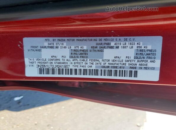 3MZBN1U72JM241867 2018 MAZDA 3 Red VIN კოდის სტიკერის ხედი