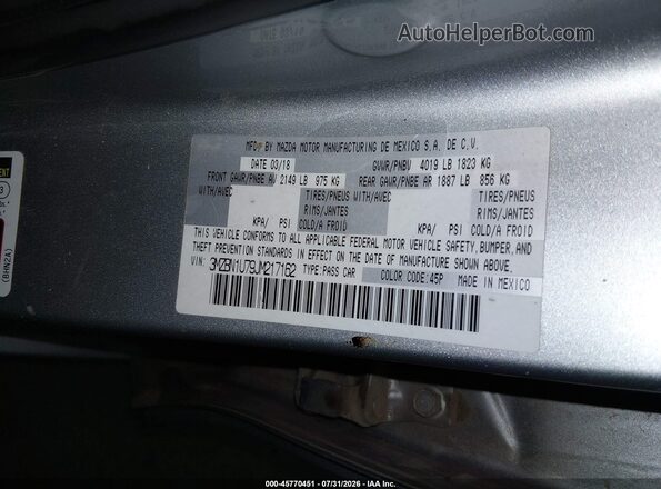 3MZBN1U79JM217162 2018 MAZDA 3 Silver Вид підкапотного простору