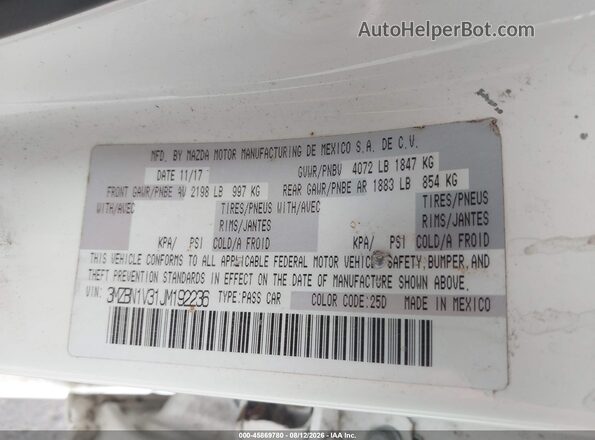 3MZBN1V31JM192236 2018 MAZDA 3 White Engine compartment view