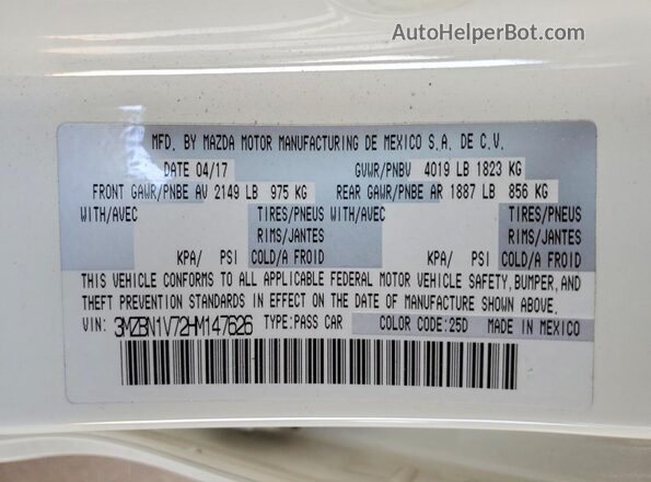 3MZBN1V72HM147626 2017 MAZDA 3 Белый Вид подкапотного пространства