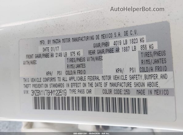 3MZBN1V78HM122519 2017 MAZDA 3 Белый Вид подкапотного пространства