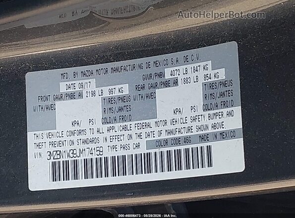 3MZBN1W39JM174159 2018 MAZDA 3 Серый Вид подкапотного пространства