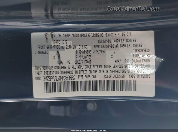 3MZBPAAL4MM253552 2021 MAZDA 3 Dark Blue Շարժիչի բաժամունքի տեսք