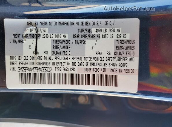 3MZBPAAM7RM433902 2024 MAZDA 3 Blue Vista del compartimento del motor