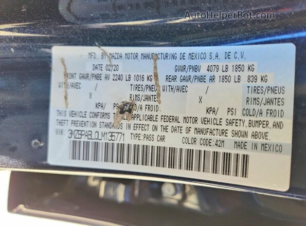3MZBPABL0LM135771 2020 MAZDA 3 Blue Vista del compartimento del motor