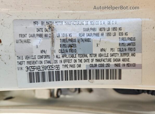 3MZBPABL5NM305156 2022 MAZDA 3 White VIN կոդի պիտակի տեսք