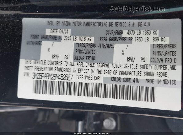 3MZBPABM2SM452667 2025 MAZDA 3 Black Engine compartment view