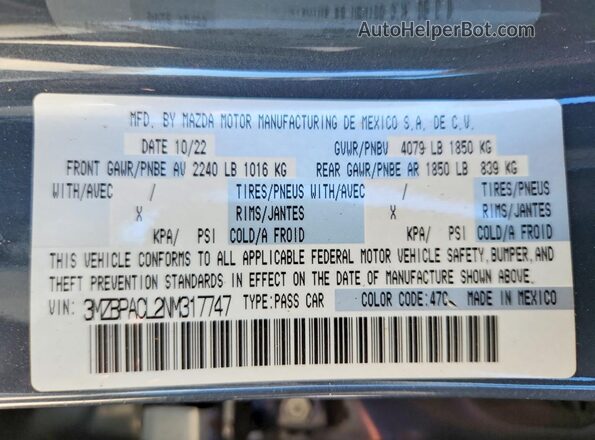3MZBPACL2NM317747 2022 MAZDA 3 Blue Widok komory silnika