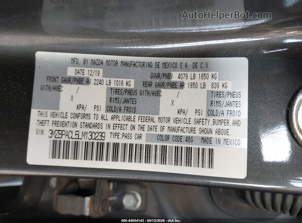 3MZBPACL5LM130239 2020 MAZDA 3 Gray Engine compartment view
