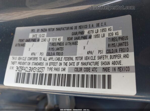 3MZBPACL9NM318037 2022 MAZDA 3 Gray Engine compartment view