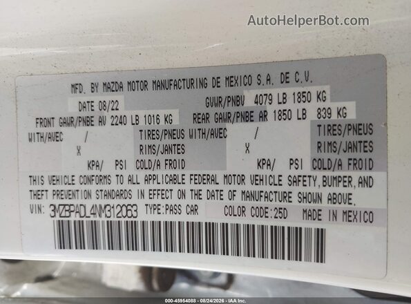3MZBPADL4NM312063 2022 MAZDA 3 Белый Вид подкапотного пространства
