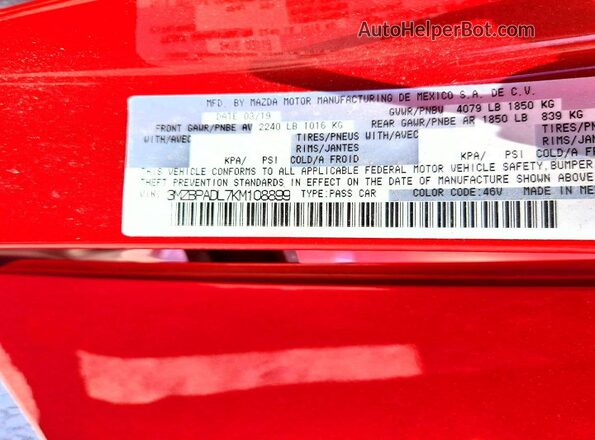 3MZBPADL7KM108899 2019 MAZDA 3 Burgundy Շարժիչի բաժամունքի տեսք