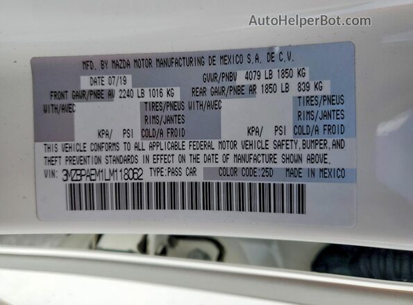 3MZBPAEM1LM118062 2020 MAZDA 3 White VIN sticker view