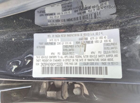 3MZBPAEM8KM102293 2019 MAZDA 3 Black Vista de la etiqueta del VIN