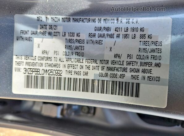 3MZBPBBL0MM250992 2021 MAZDA 3 Silver VIN sticker view