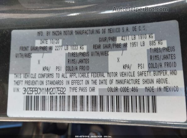 3MZBPBCM1MM207592 2021 MAZDA 3 Gray Vista del compartimento del motor