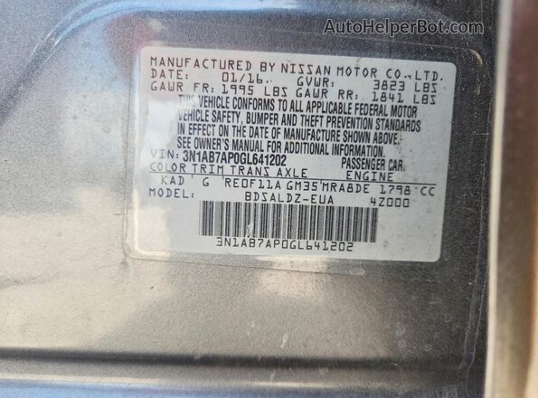 3N1AB7AP0GL641202 2016 NISSAN SENTRA Gray Vista de la etiqueta del VIN