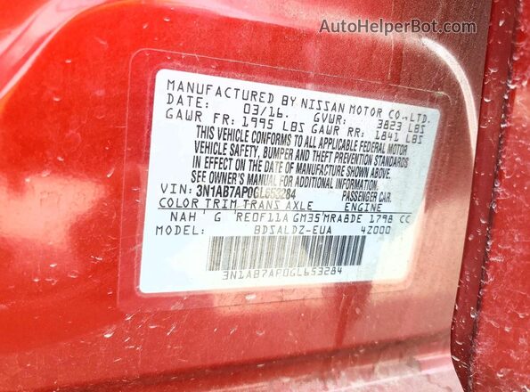 3N1AB7AP0GL653284 2016 NISSAN SENTRA Red VIN կոդի պիտակի տեսք