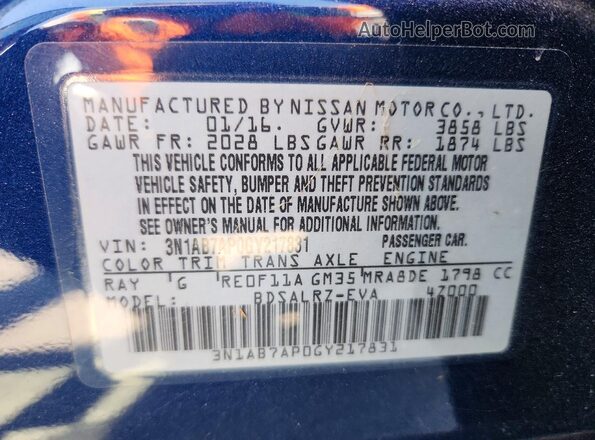 3N1AB7AP0GY217831 2016 NISSAN SENTRA Blue Vista del compartimento del motor